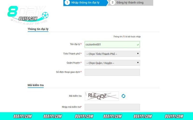 Người chơi điền đầy đủ thông tin đăng ký đại lý 8DAY